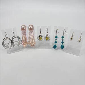 Lot of 5 Pairs of Earrings, Silver-Toned, Drop, Dangle, and Hand-Painted Designs